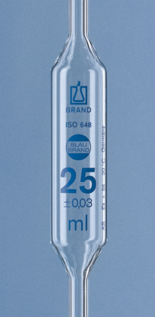 Pipeta aforada, BLAUBRAND, clase AS, certificada, 1ml , 2 aforos, vidrio AR-Glas. Compra por múltiplo de 12/Precio x un. Brand.